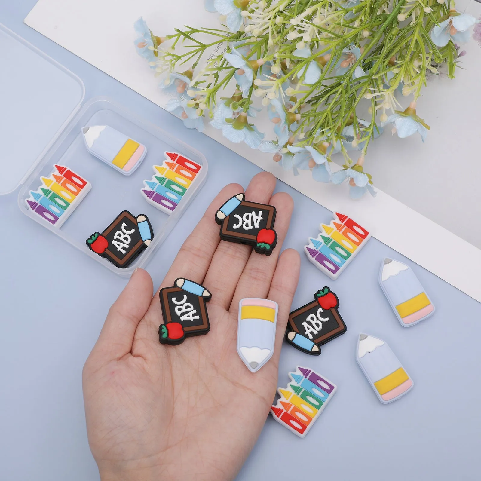 12Pcs 3 Style Silicone Beads, DIY Nursing Necklaces and Bracelets Making, Chewing Pendants For Teethers, Pen/Blackboard/Pencil, Mixed Color, 25~35x18~30x8.5~9.3mm, Hole: 2.5~3mm, 4pcs/style