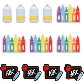 12Pcs 3 Style Silicone Beads, DIY Nursing Necklaces and Bracelets Making, Chewing Pendants For Teethers, Pen/Blackboard/Pencil, Mixed Color, 25~35x18~30x8.5~9.3mm, Hole: 2.5~3mm, 4pcs/style