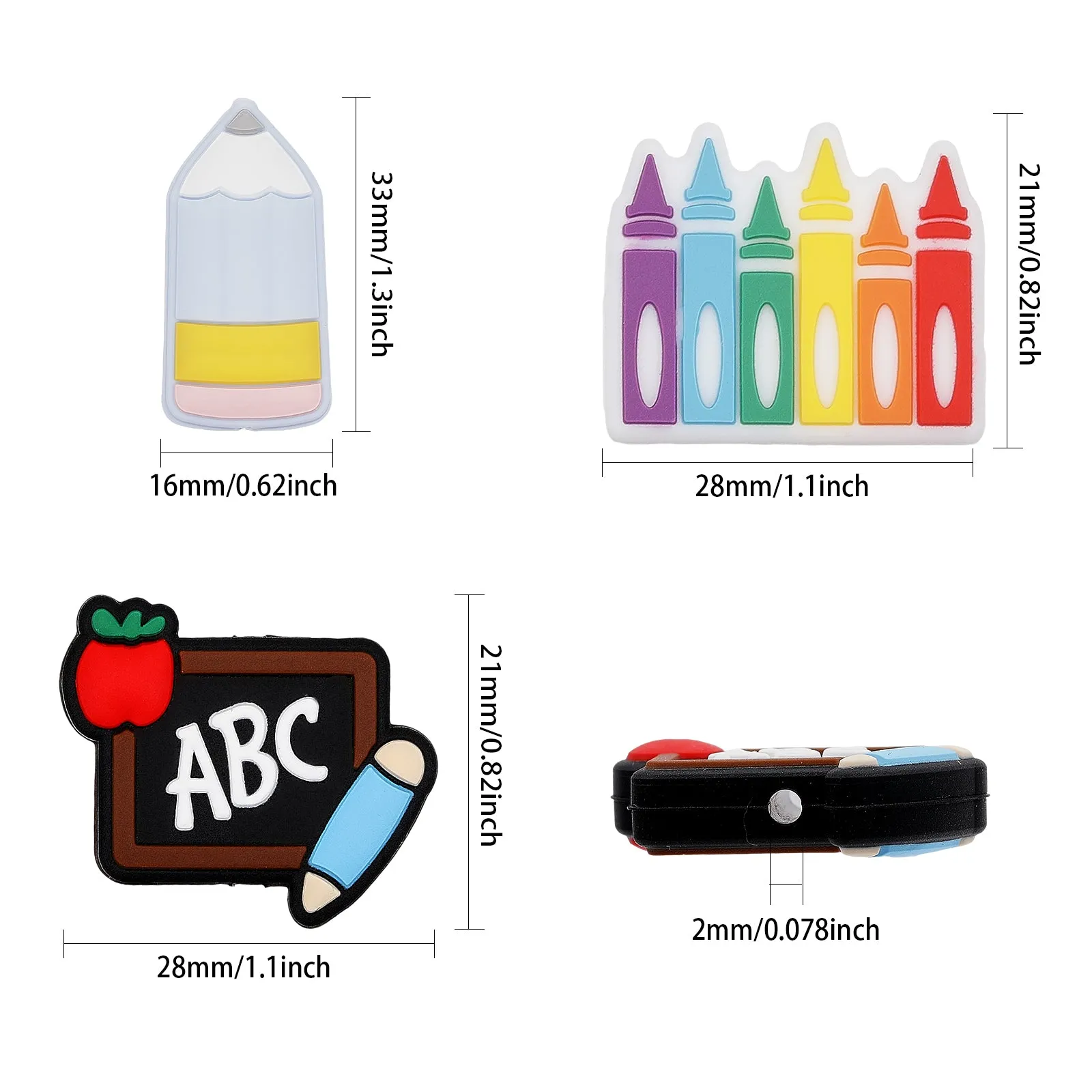 12Pcs 3 Style Silicone Beads, DIY Nursing Necklaces and Bracelets Making, Chewing Pendants For Teethers, Pen/Blackboard/Pencil, Mixed Color, 25~35x18~30x8.5~9.3mm, Hole: 2.5~3mm, 4pcs/style