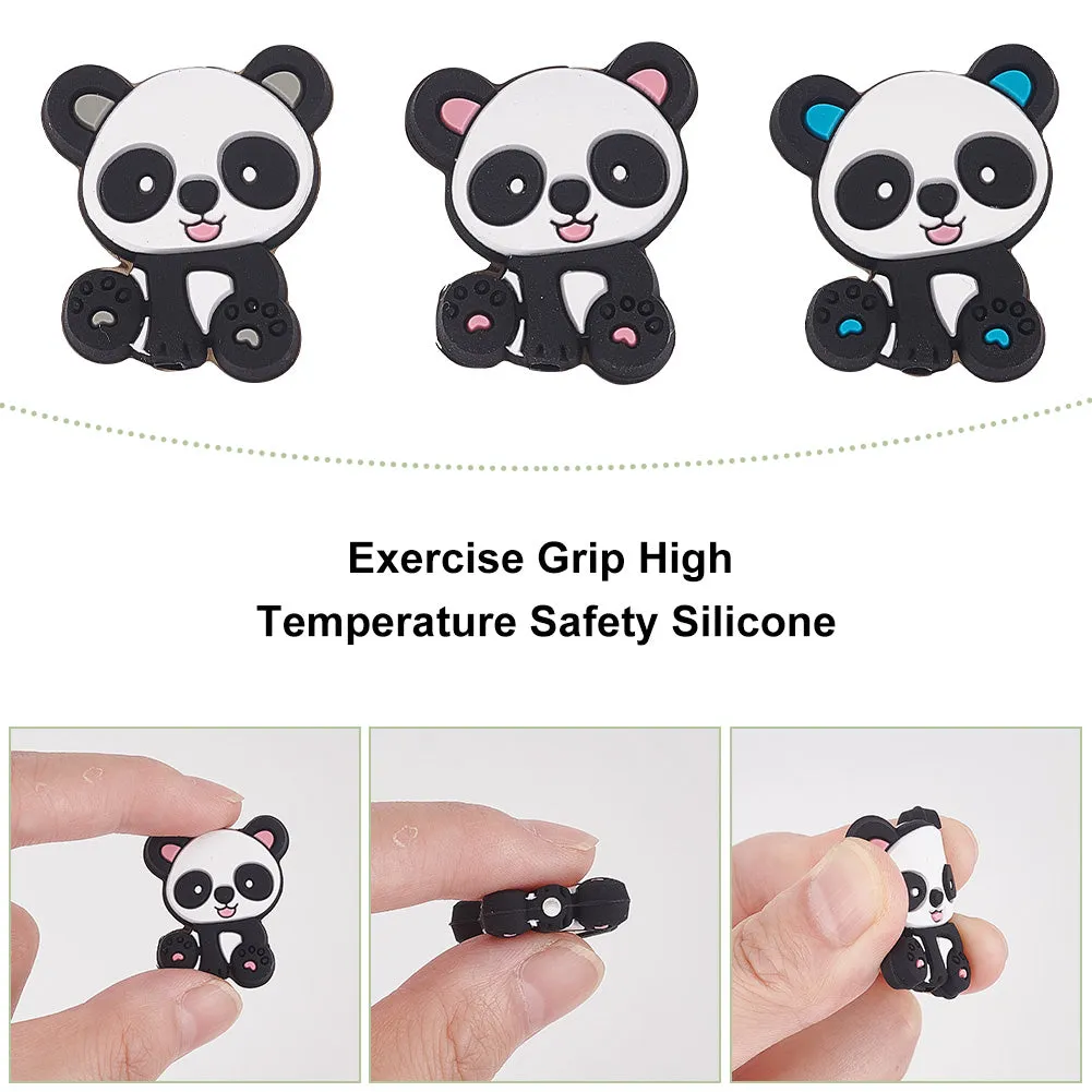 18Pcs 3 Colors Panda Silicone Beads, DIY Nursing Necklaces and Bracelets Making, Chewing Pendants For Teethers, Mixed Color, 28.5x24x6.5mm, Hole: 2mm, 6pcs/color