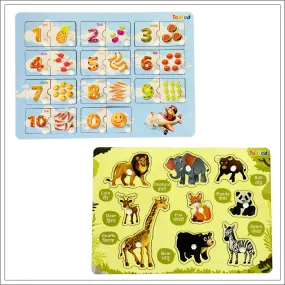 English Numbers & Wild Animal Characters Wooden Knob & Pegged Puzzle for Kids