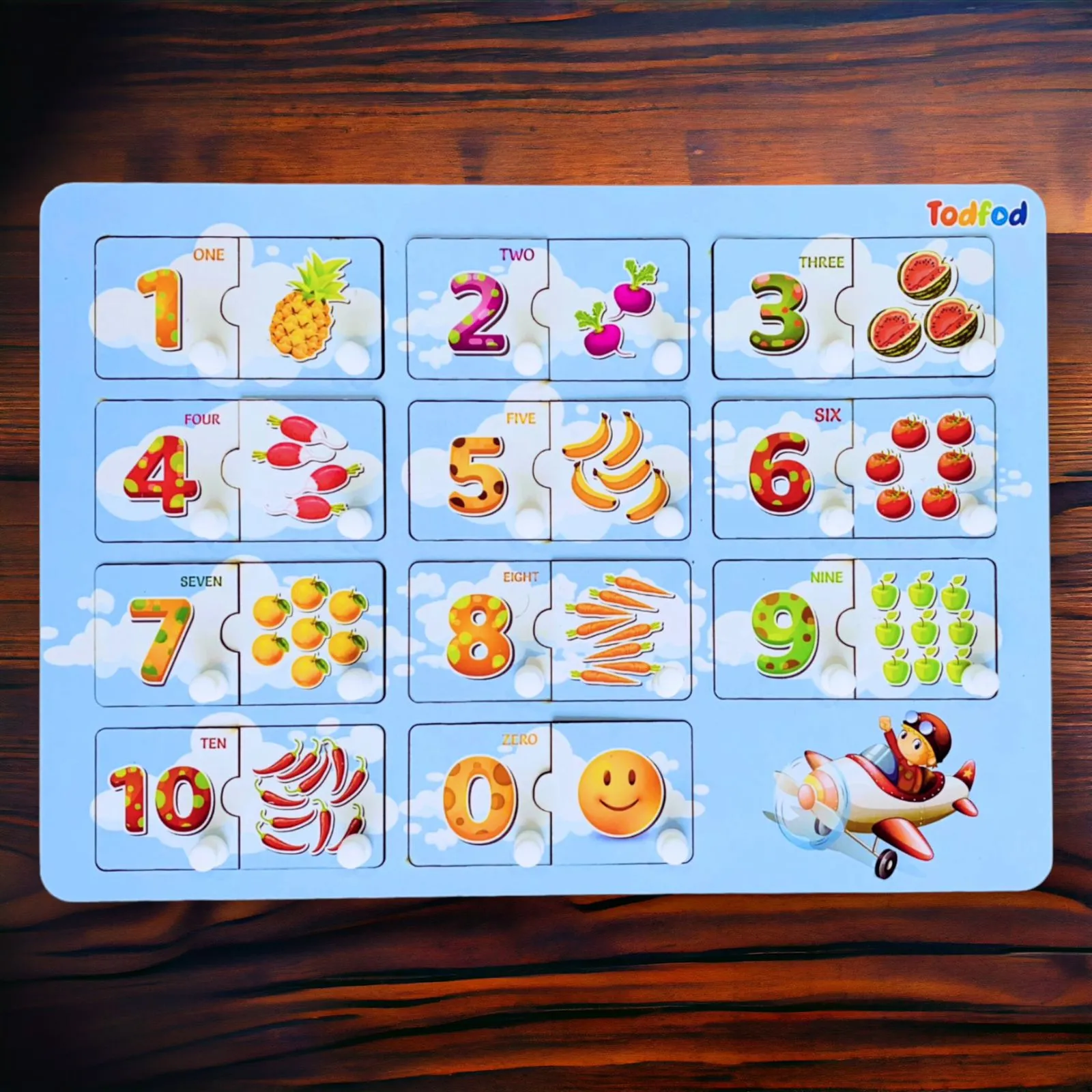 English Numbers & Wild Animal Characters Wooden Knob & Pegged Puzzle for Kids