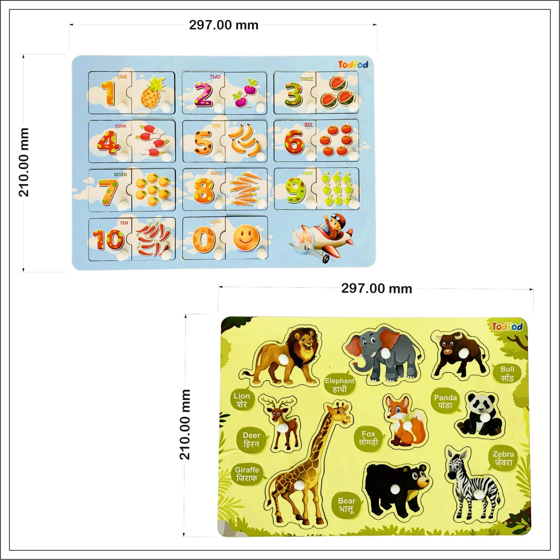 English Numbers & Wild Animal Characters Wooden Knob & Pegged Puzzle for Kids