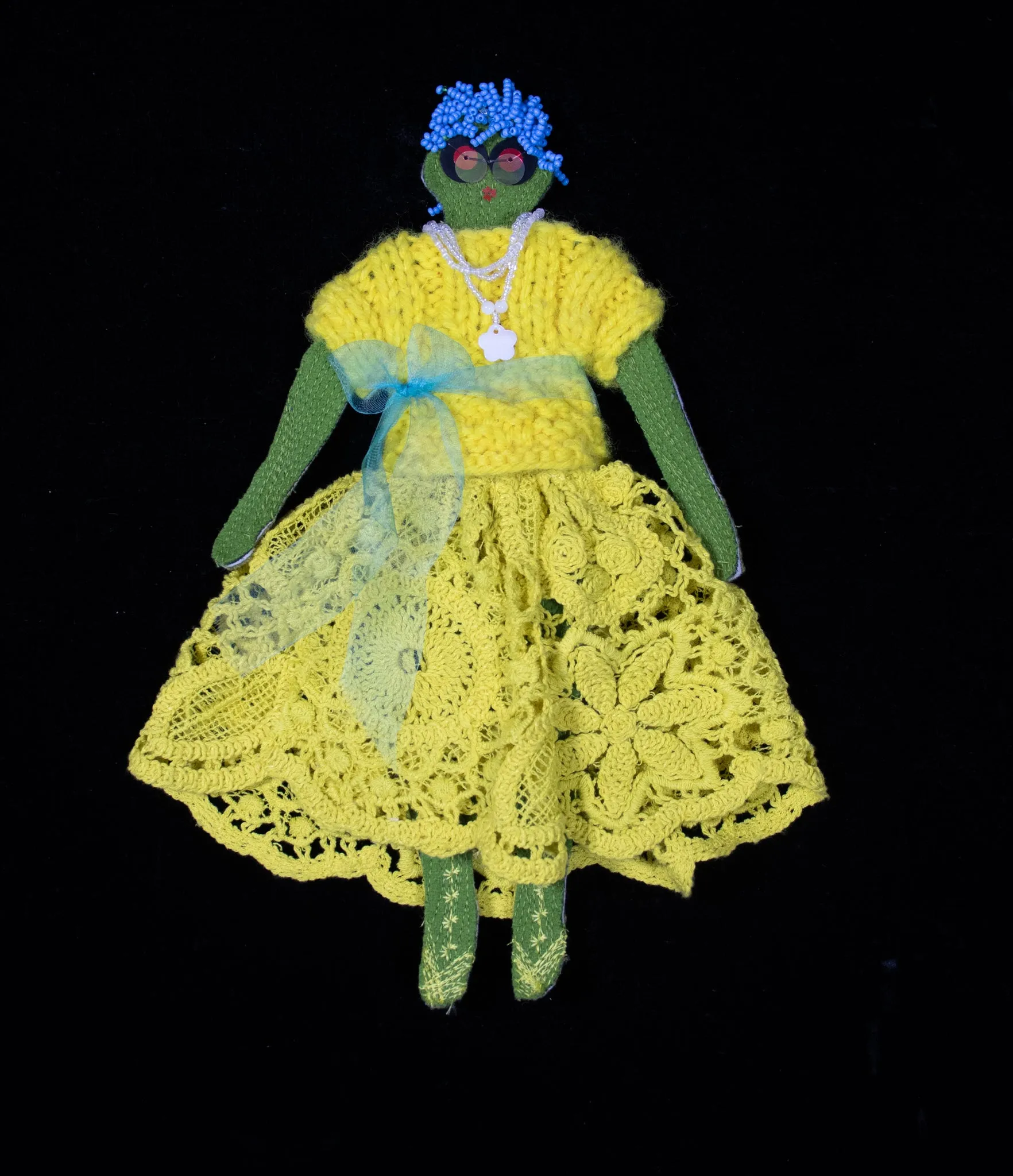 Flat Wool Doll wih Stitched body, with Hand Made Sweater, Beads, and Lace