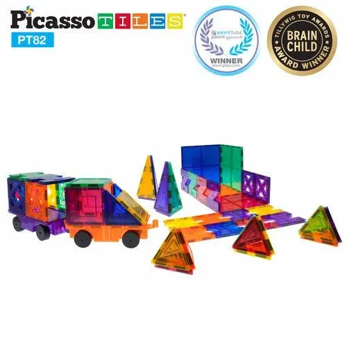 PicassoTiles 3D Magnetic Building Block Tiles PT82 - 82 Piece Set (2 Cars Included)