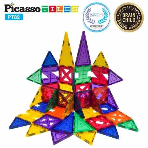 PicassoTiles 3D Magnetic Building Block Tiles PT82 - 82 Piece Set (2 Cars Included)