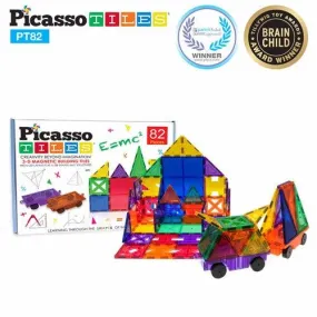 PicassoTiles 3D Magnetic Building Block Tiles PT82 - 82 Piece Set (2 Cars Included)