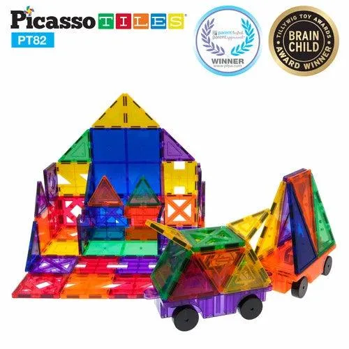 PicassoTiles 3D Magnetic Building Block Tiles PT82 - 82 Piece Set (2 Cars Included)