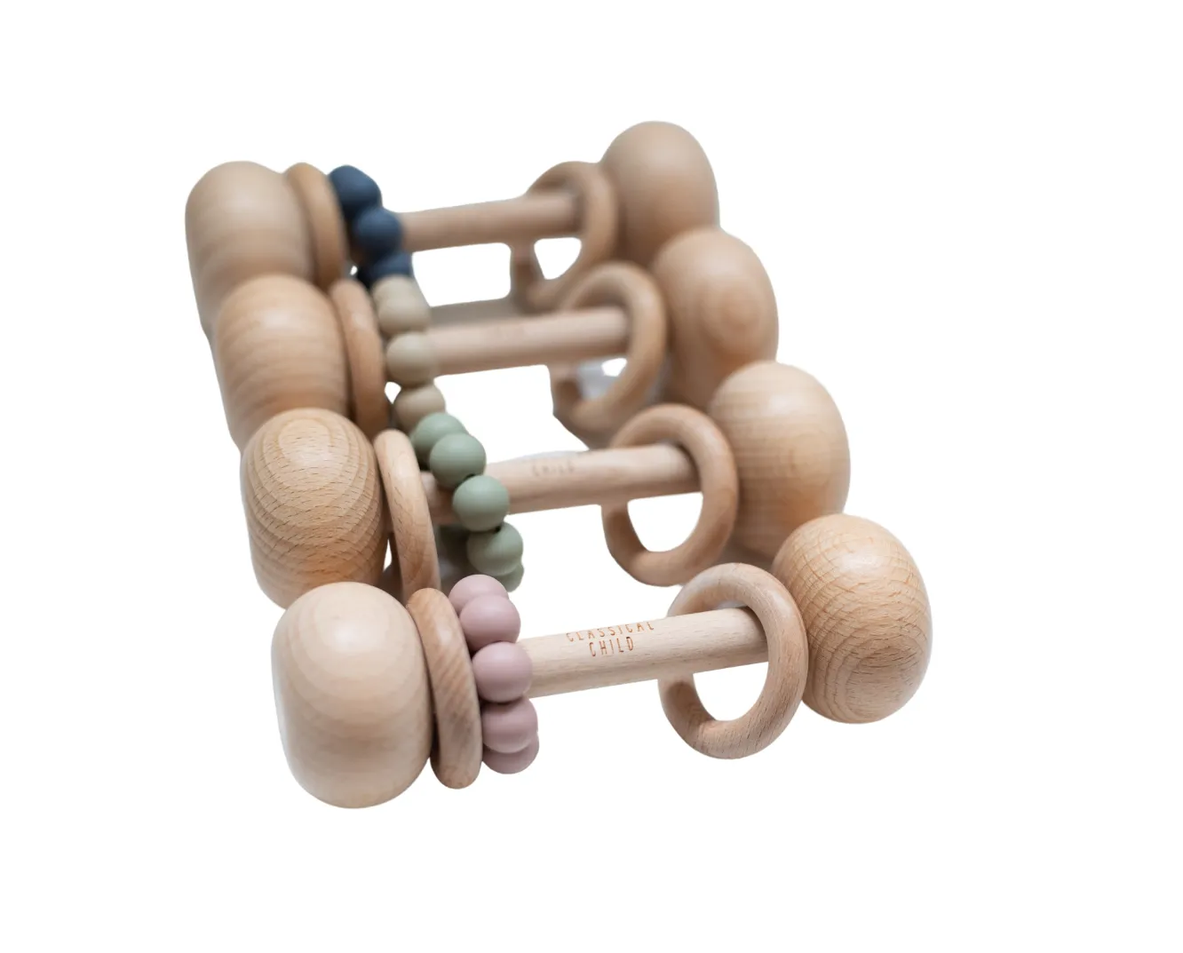 Set of 4 Beech & Silicone Rattles