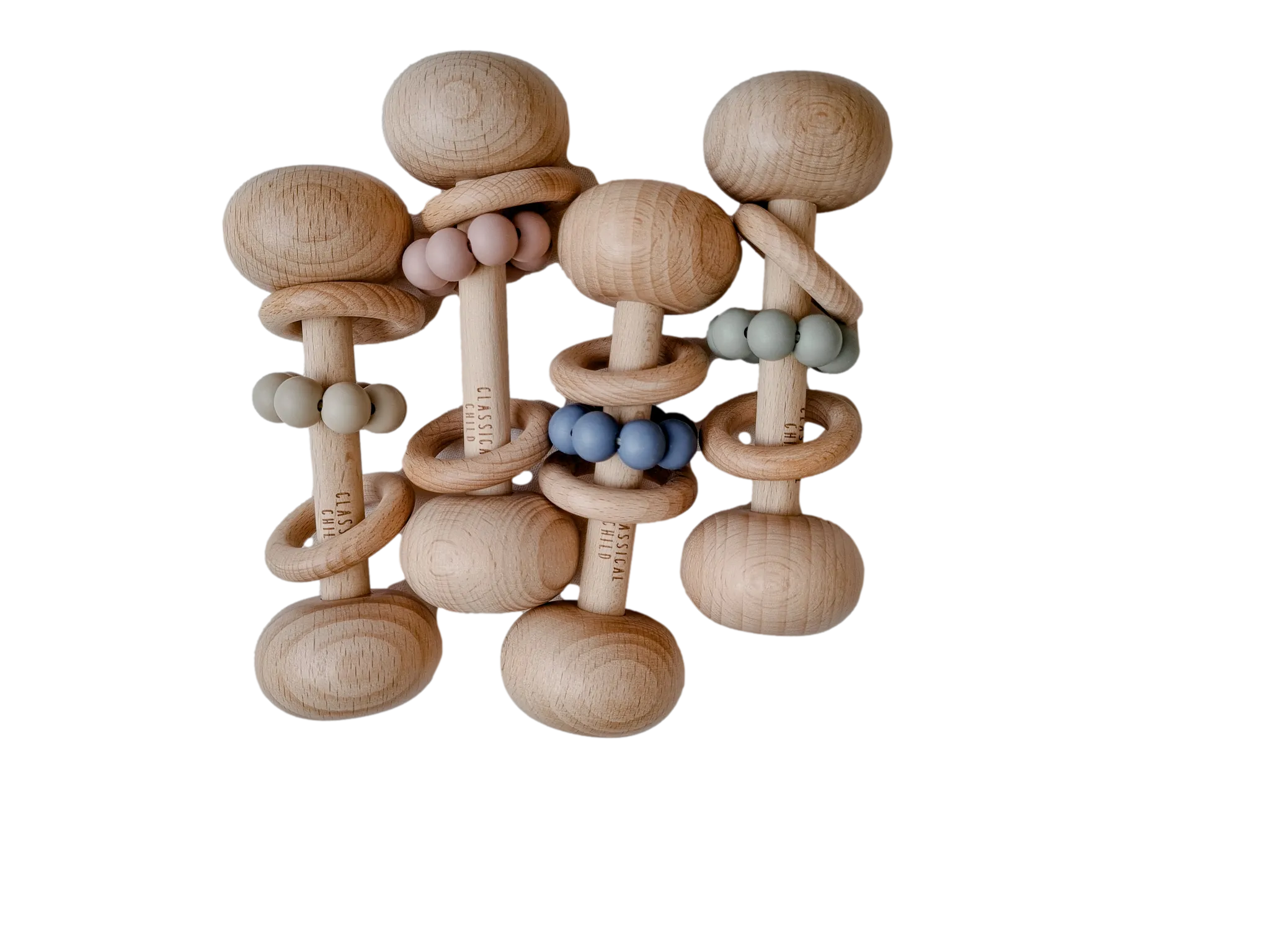 Set of 4 Beech & Silicone Rattles
