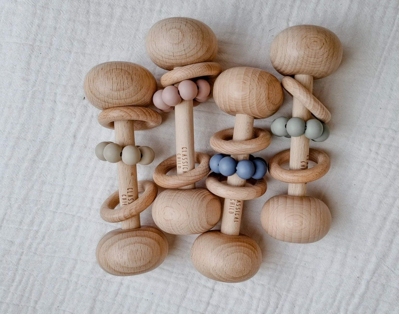Set of 4 Beech & Silicone Rattles