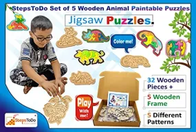 Set of 5 Wooden Jigsaw Puzzles. Paintable Animal Puzzle Set for Early Education and Home Schooling. Montessori Learning Toys (32 Wooden Pieces   5 Wooden Frame) 5 Different Patterns (T294)
