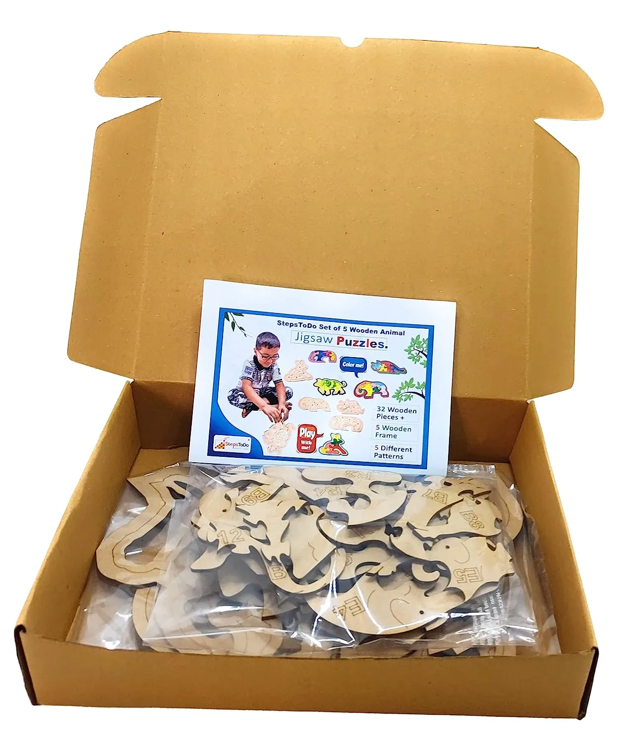 Set of 5 Wooden Jigsaw Puzzles. Paintable Animal Puzzle Set for Early Education and Home Schooling. Montessori Learning Toys (32 Wooden Pieces   5 Wooden Frame) 5 Different Patterns (T294)