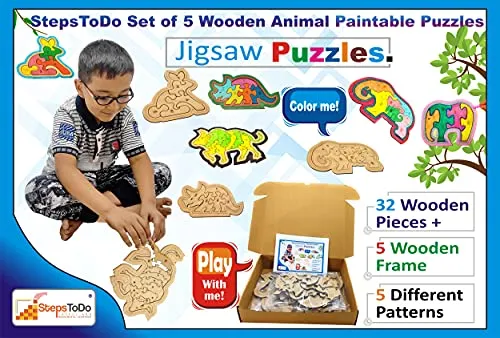 Set of 5 Wooden Jigsaw Puzzles. Paintable Animal Puzzle Set for Early Education and Home Schooling. Montessori Learning Toys (32 Wooden Pieces   5 Wooden Frame) 5 Different Patterns (T294)