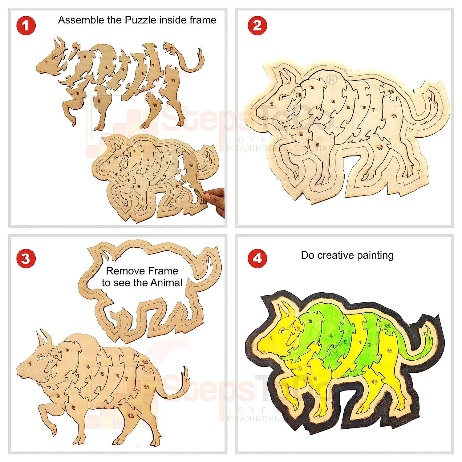 Set of 5 Wooden Jigsaw Puzzles. Paintable Animal Puzzle Set for Early Education and Home Schooling. Montessori Learning Toys (32 Wooden Pieces   5 Wooden Frame) 5 Different Patterns (T294)