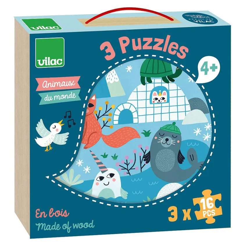 Vilac Wooden Puzzles Set of 3 x 16pc Animauz du Monde (Animals of the World)